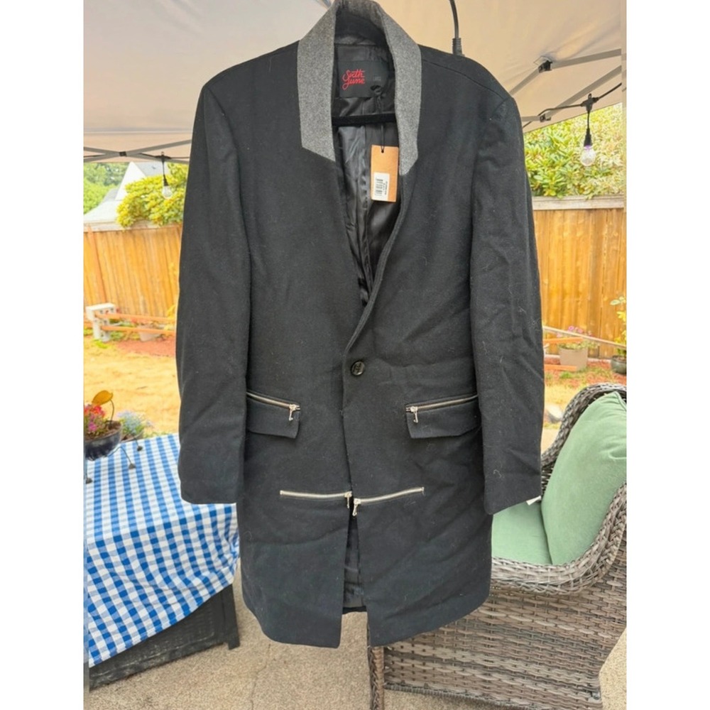 Sixth June Mens Wool Blend Longline Coat Black Grey Shawl Collar M1007COW Large